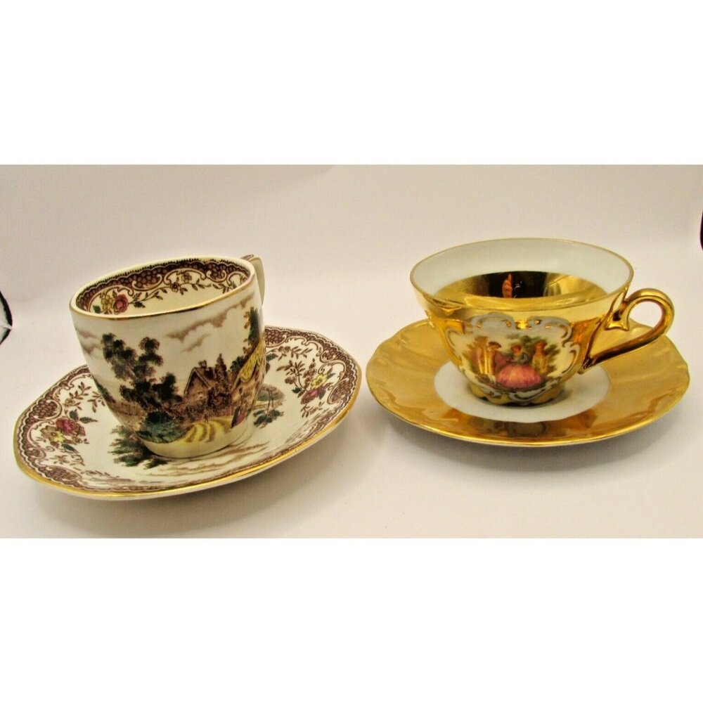2 Vtg Royal Tudor Ware England  and RZB  22 kt gilded 4oz Cups and Saucers Sets
